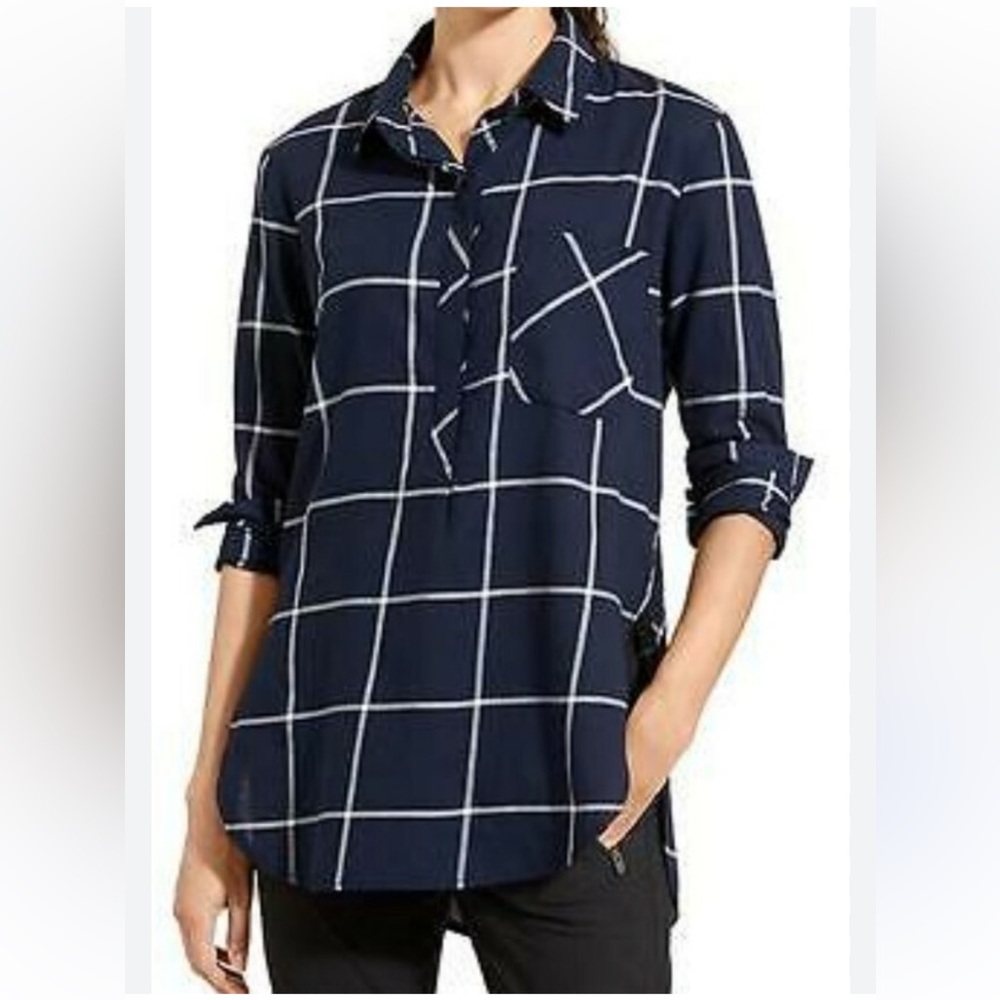 Athleta Presidio Popover Tunic Top‎ XS Navy Blue and White Windowpane Plaid